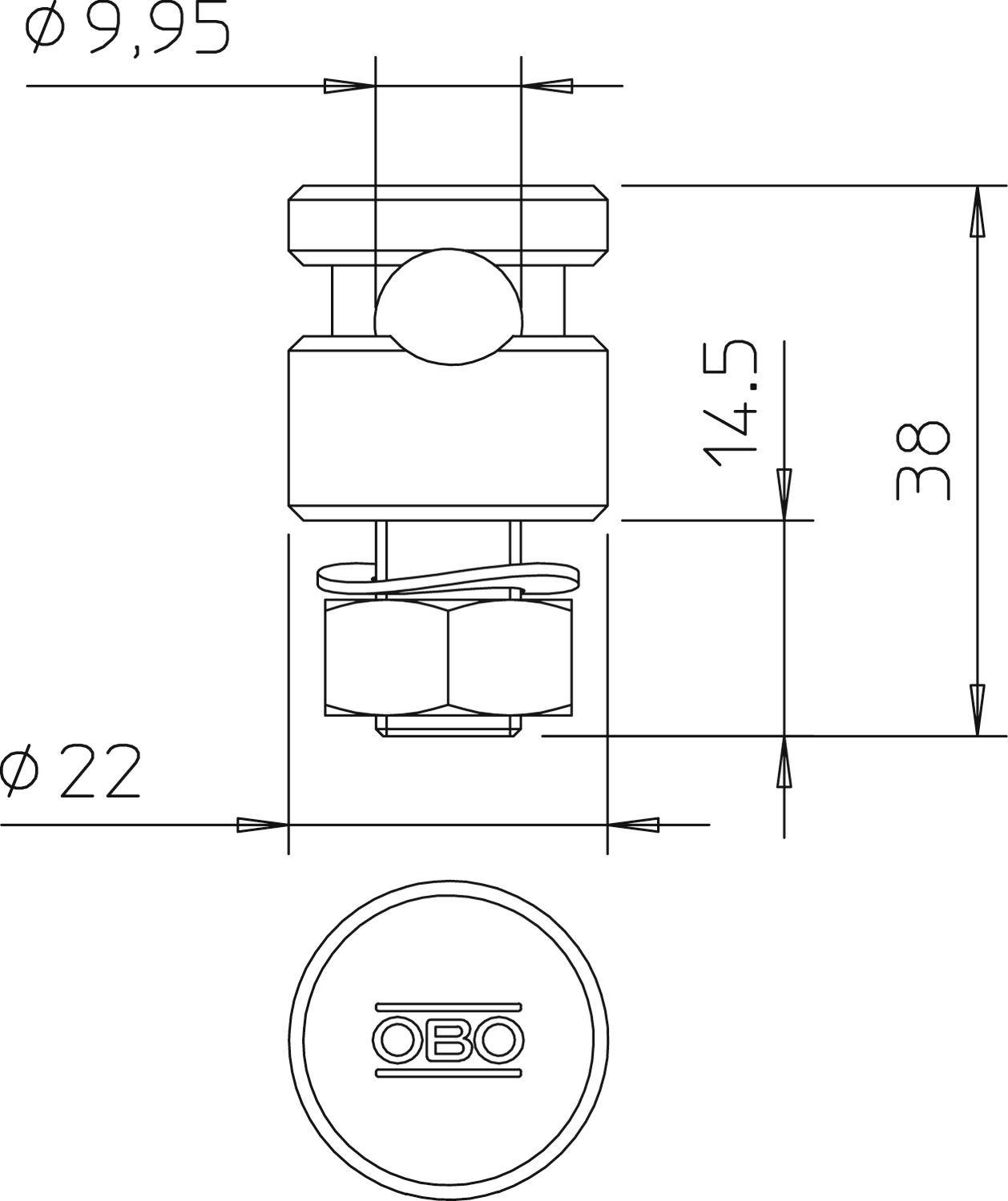 Rysunek techniczny śruby sześciokątnej z wymiarami: długość 38 mm, średnica 22 mm, mniejsza średnica 9,95 mm.