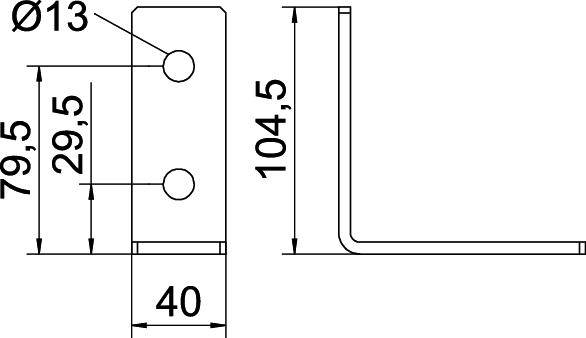 Rysunek techniczny kątownika metalowego z wymiarami: wysokość 104,5 mm, szerokość 40 mm. Dwa otwory Ø13 mm, odległości 79,5 mm i 29,5 mm.