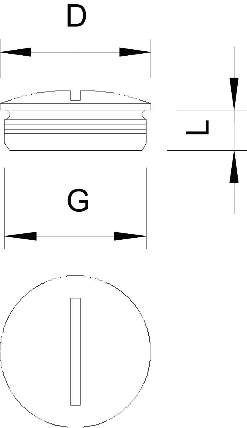 Rysunek techniczny cylindrycznego obiektu z łbem śruby, widok z boku z wymiarami 'D' i 'G'. Widok z góry ukazuje łeb ze szczelina.