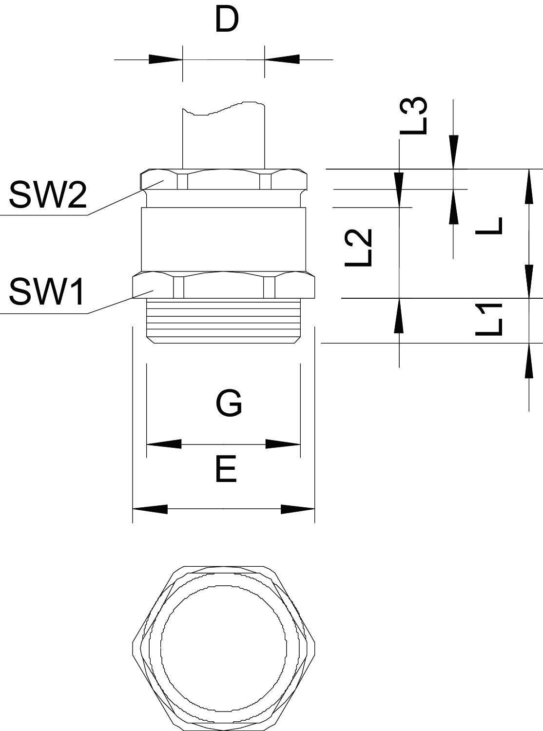 Rysunek techniczny sześciokątnego elementu mocującego z pomiarami: D, SW1, SW2, G, E, L, L1, L2 i L3. Widok z góry i widok z boku.