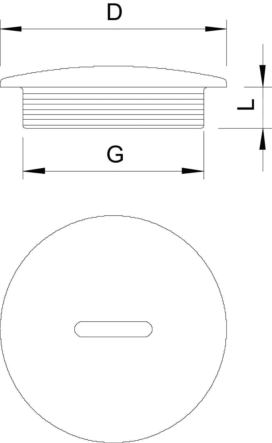Rysunek techniczny okrągłej śruby mocującej z wymiarami D, G i L po stronie oraz widokiem z góry z rowkiem.