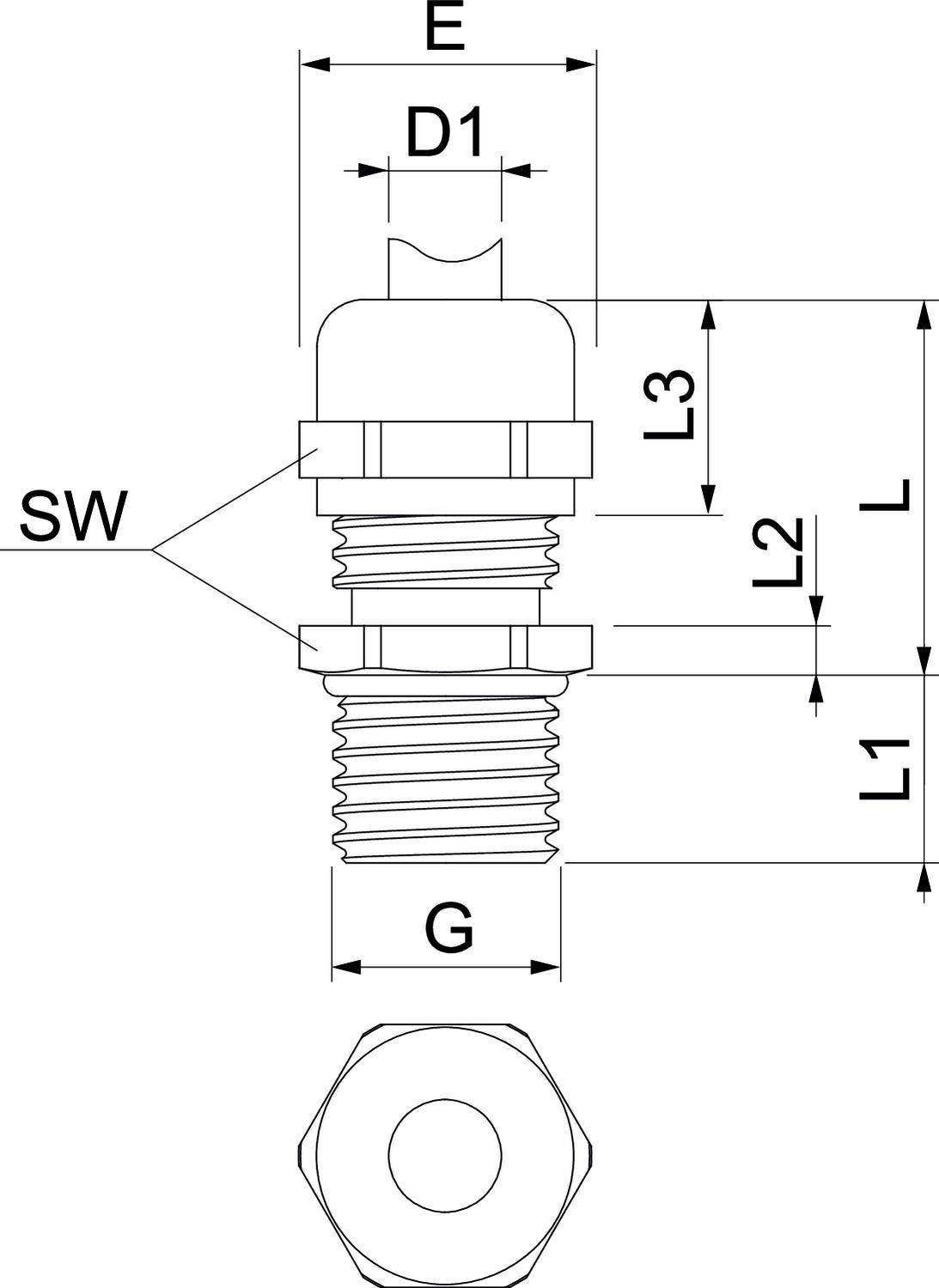 Rysunek techniczny cylindrycznego złącza gwintowanego z wymiarami. Główne elementy: E, D1, G, L1, L2, L3, SW. Widok z góry i widok z boku.