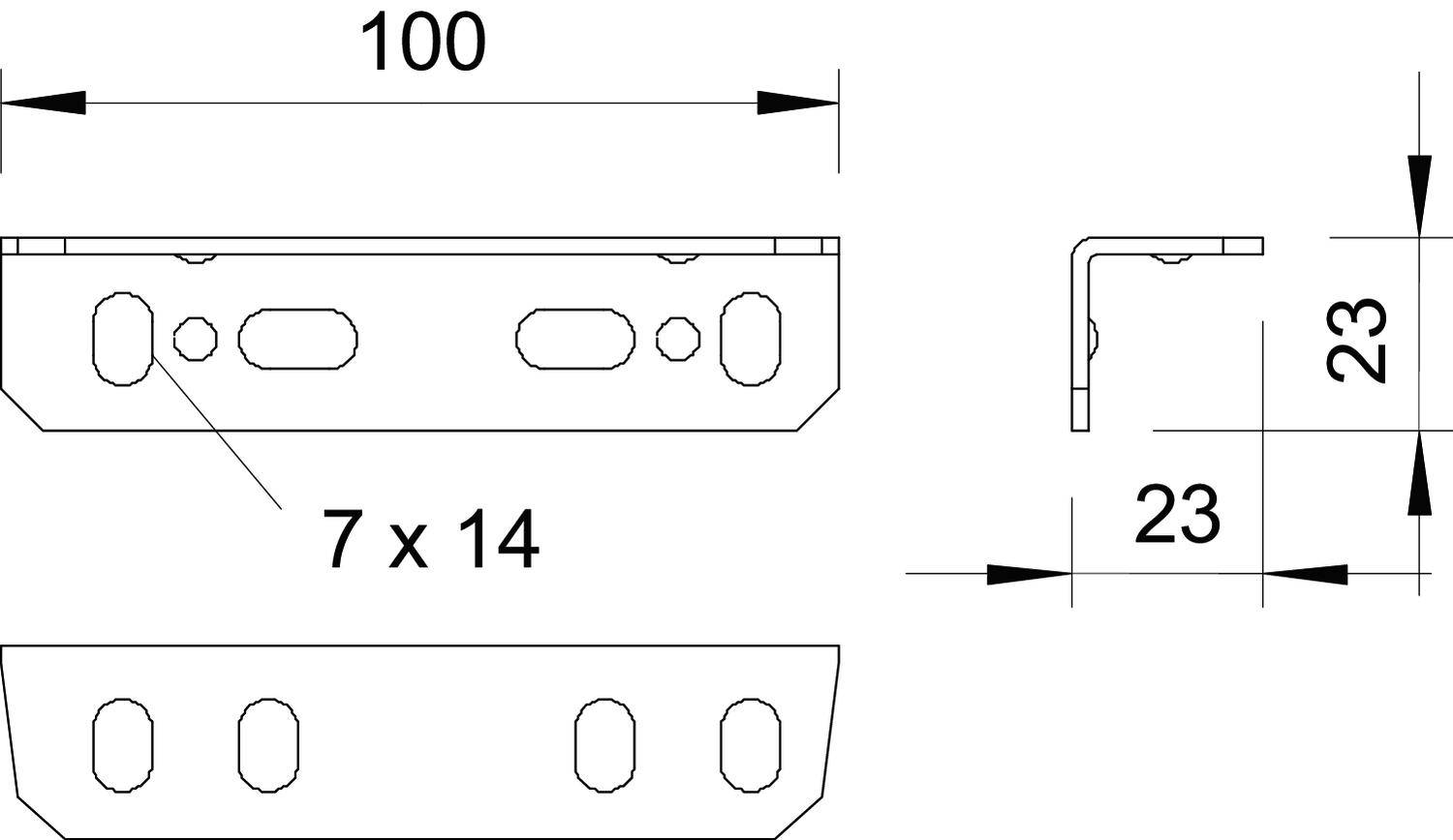 Rysunek techniczny metalowego kątownika. Wymiary: długość 100 mm, szerokość 23 mm, rozmiar otworu 7 x 14 mm. Widok z boku przedstawia zagięcie kątownika.