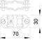 Rysunek techniczny elementu łączącego z wymiarami: długość 70 mm, wysokość 30 mm, przedstawiony z widoku z góry i z boku.