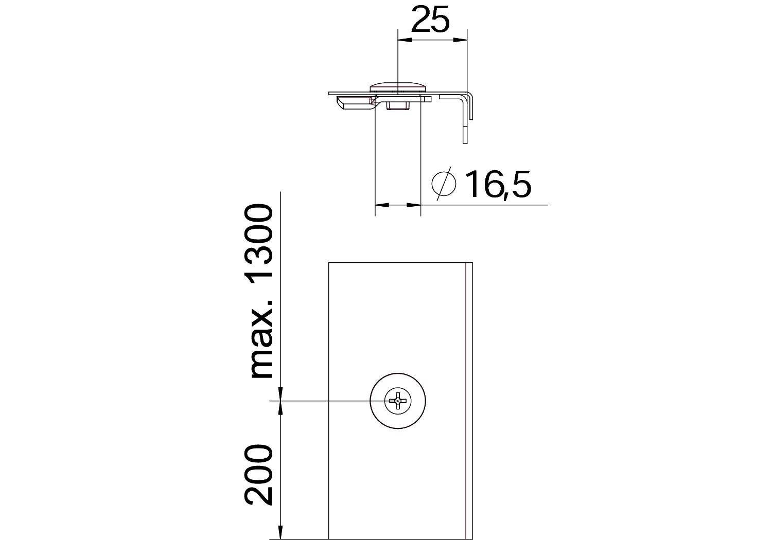 Rysunek techniczny klamki: wysokość maks. 1300 mm, szerokość 25 mm, otwory mocujące o średnicy 16,5 mm.