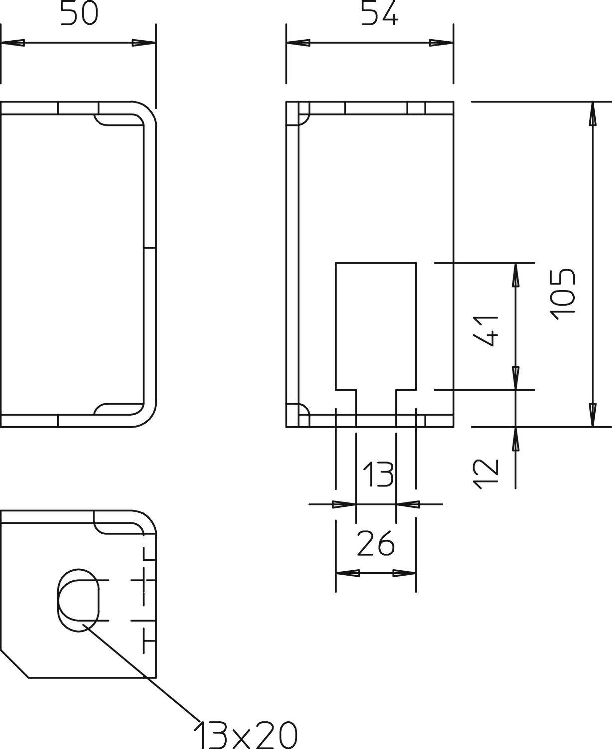 Rysunek techniczny prostokątnego obiektu o wymiarach: 50x54x105 mm. Widok szczegółowy otworu o wymiarach 13x20 mm.