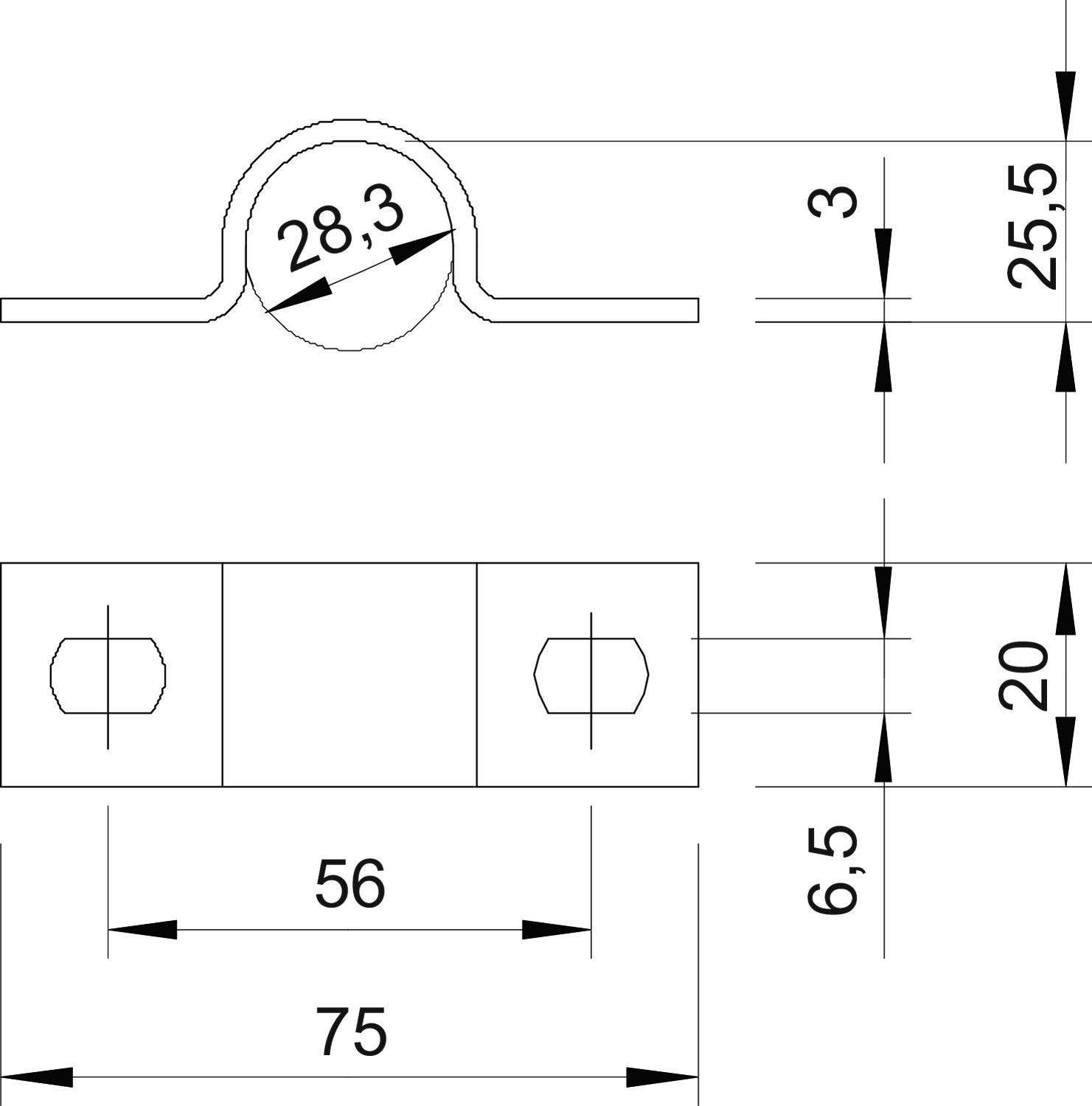 Rysunek techniczny obejmy rurowej z wymiarami: średnica 28,3 mm, długość 75 mm, otwory w rozstawie 56 mm, wysokość całkowita 25,5 mm.