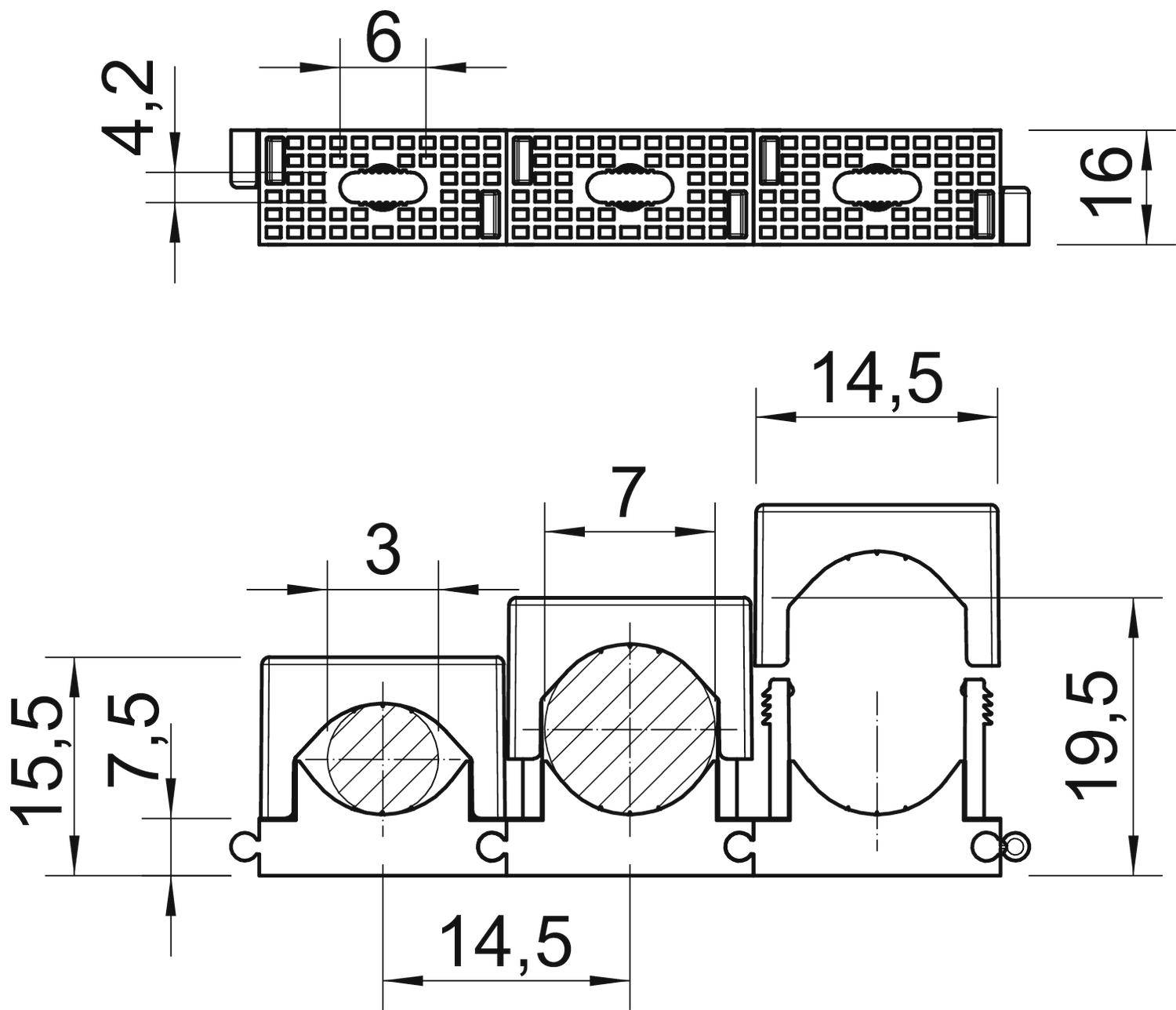 Rysunek techniczny profilu z tworzywa sztucznego o wymiarach: 4,2 mm, 6 mm, 16 mm wysokości; 14,5 mm szerokości; widok szczegółowy z przekrojem.