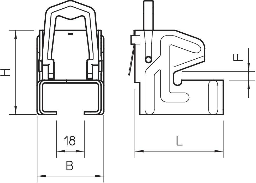 Rysunek techniczny spinacza z wymiarowaniem: szerokość 'B', wysokość 'H', długość 'L' oraz odległość 'F'. Przedstawia widok z przodu i z boku.