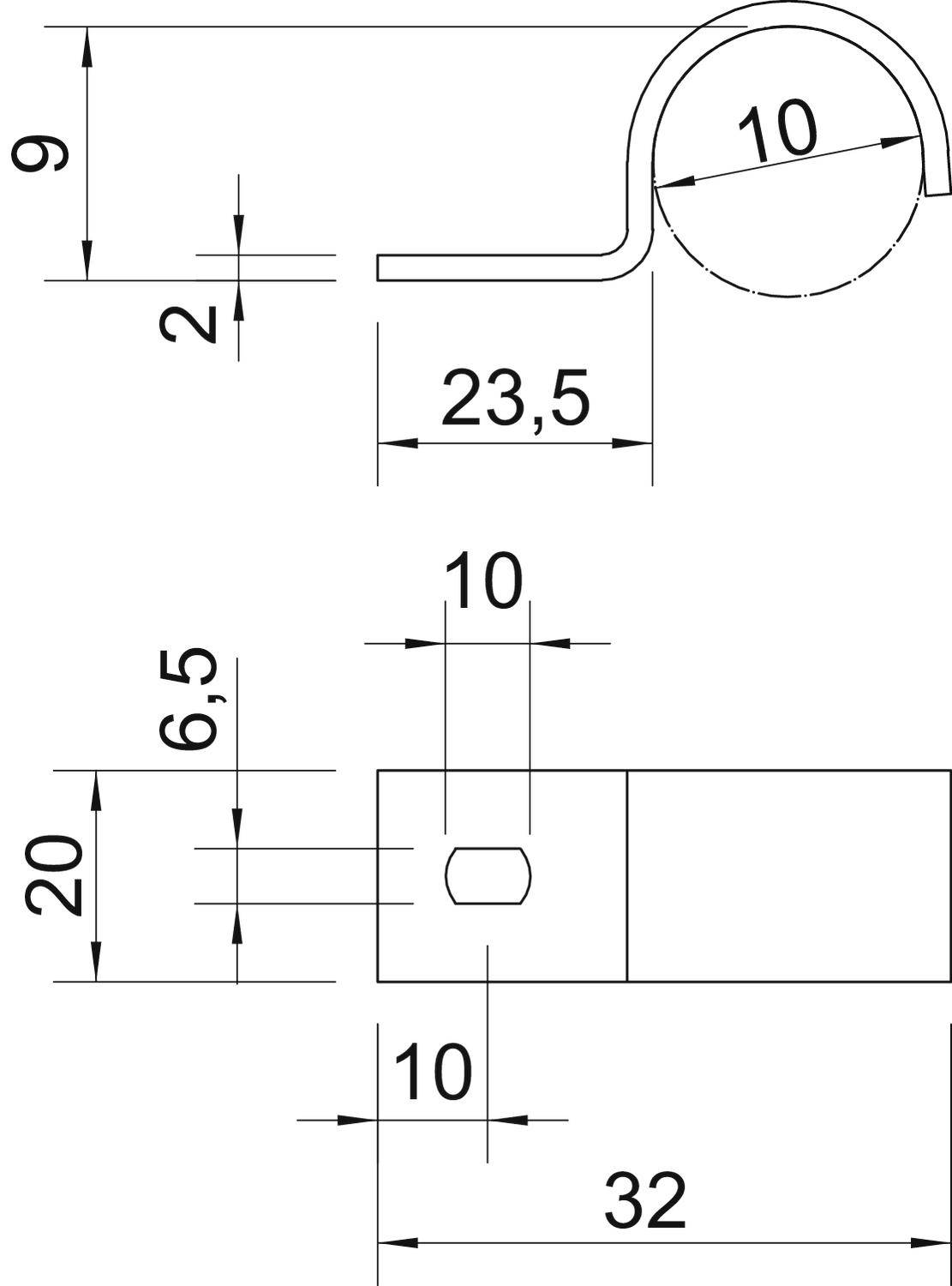 Rysunek techniczny metalowego zacisku z wymiarami: 9 mm, 23,5 mm, 10 mm, 20 mm, 32 mm. Widok z góry i widok z boku z wymiarami szczegółowymi.