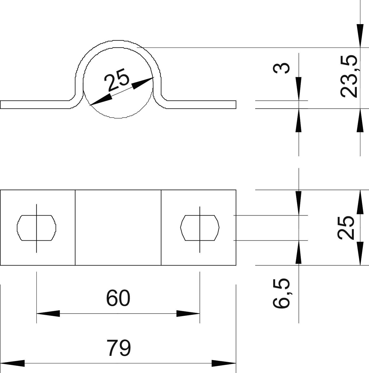 Rysunek techniczny metalowego uchwytu, wymiary: szerokość 79 mm, wysokość 3 mm, średnica 25 mm, otwory mocujące z boku.
