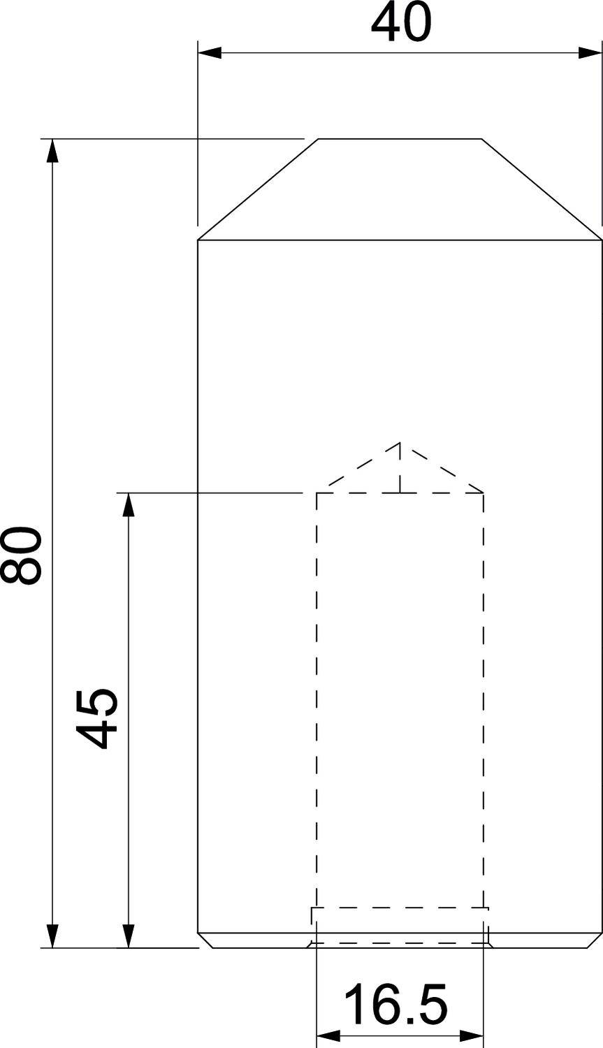 'Rysunek techniczny cylindrycznego obiektu z dachem. Wymiary: 80 wysokość, 40 szerokość, 45 wysokość obszaru wewnętrznego, szerokość 16,5.'