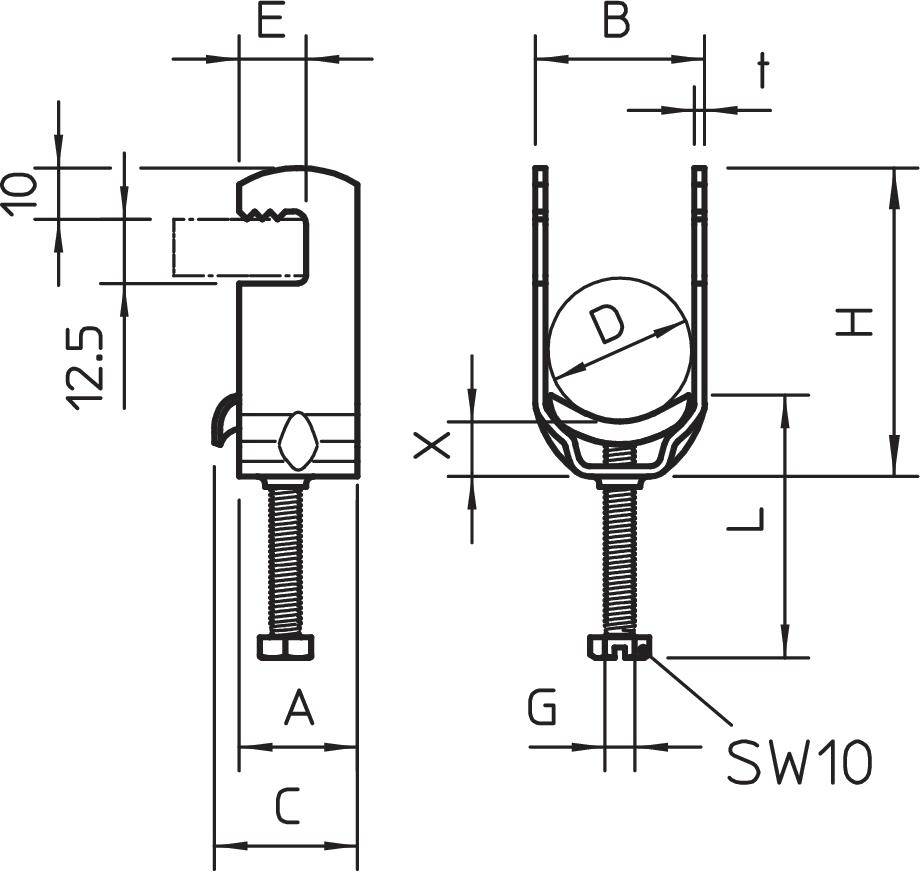 Rysunek techniczny mocowania śrubowego z wymiarami: wysokość 12,5 mm, szerokość zmienna, rozmiar klucza SW10.