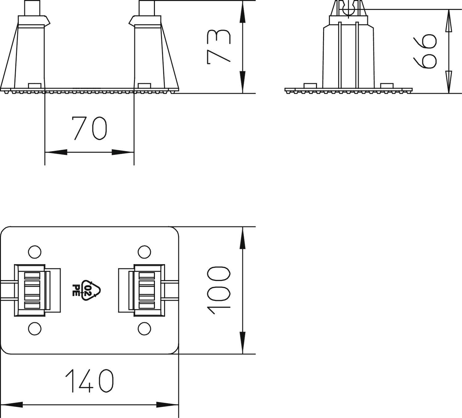 Rysunek techniczny dwóch zamontowanych złączy na prostokątnej płycie. Wymiary: szerokość 140 mm, wysokość 100 mm; wysokość podstawy: 73 mm.