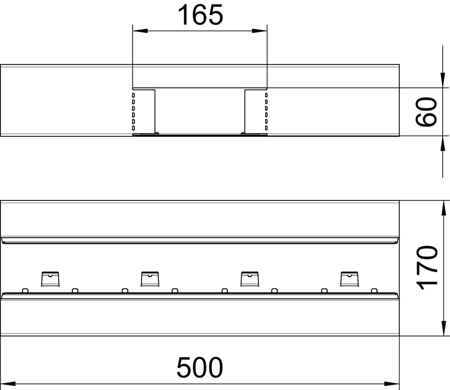 Rysunek techniczny prostokątnego elementu o wymiarach 500 mm szerokości, 170 mm wysokości i 165 mm głębokości. Wymiary są oznaczone.