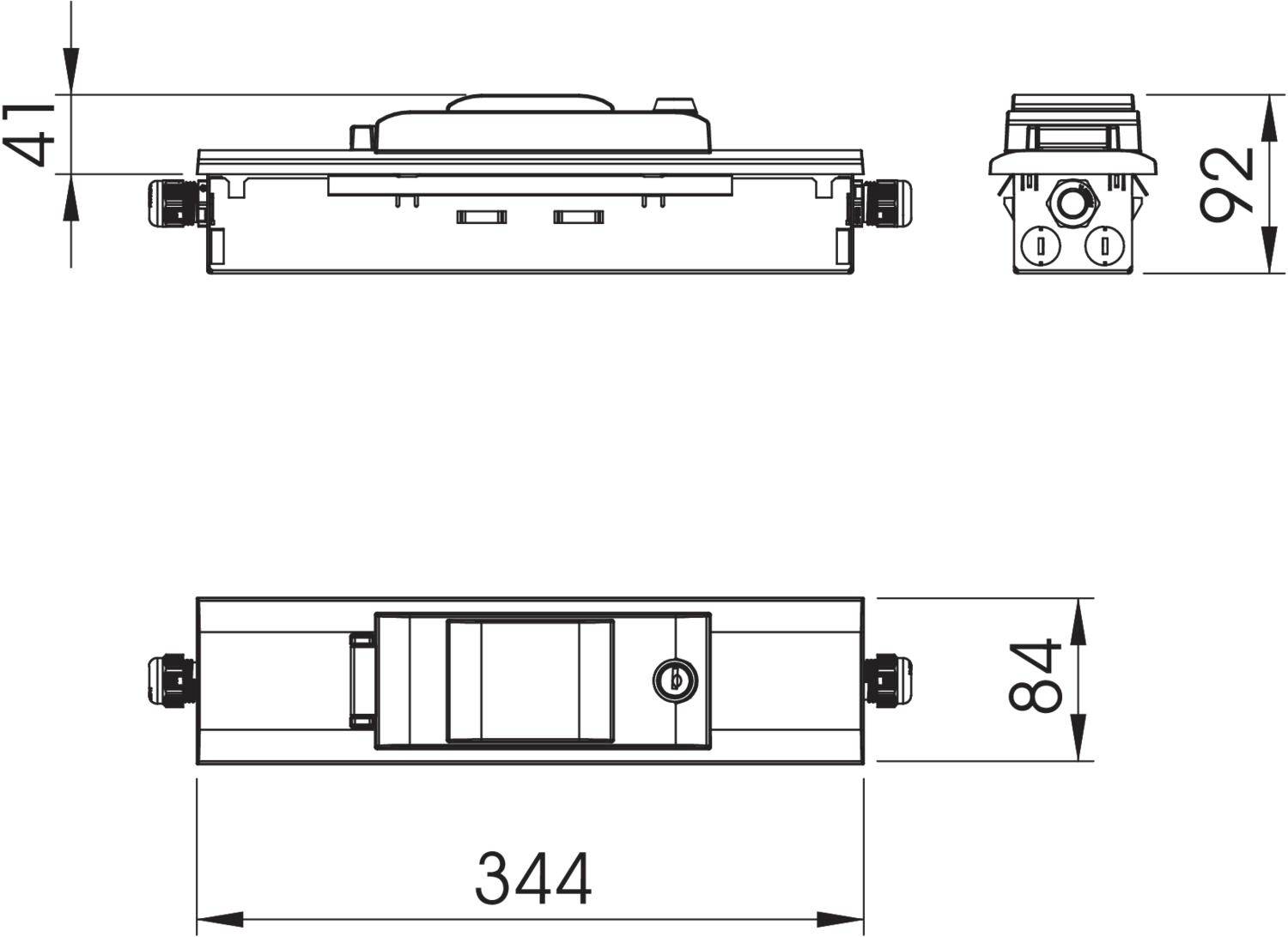 Rysunek techniczny elektrycznego włącznika z wymiarami: szerokość 92 mm, wysokość 41 mm, długość 344 mm. Zawiera widok z boku i widok czołowy.