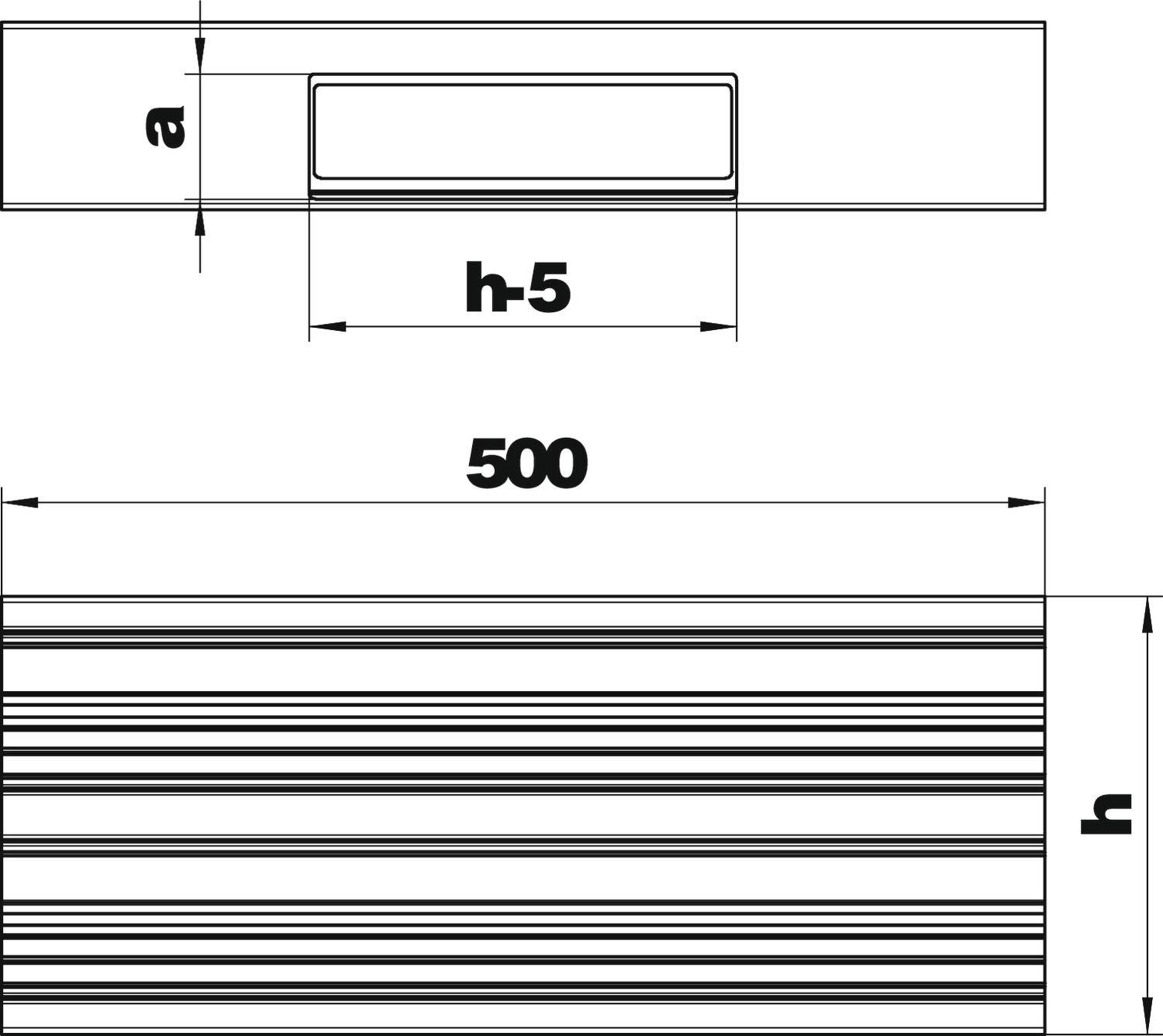 Rysunek techniczny prostokątnego obiektu z wymiarami: szerokość 500, wysokość h, wysokość ramy obiektu h-5, wysokość górnej listwy a.