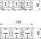 Rysunek techniczny trzech sąsiadujących gniazd elektrycznych. Wymiary są podane: wysokość 42 mm, szerokość 135 mm, głębokość 45 mm.