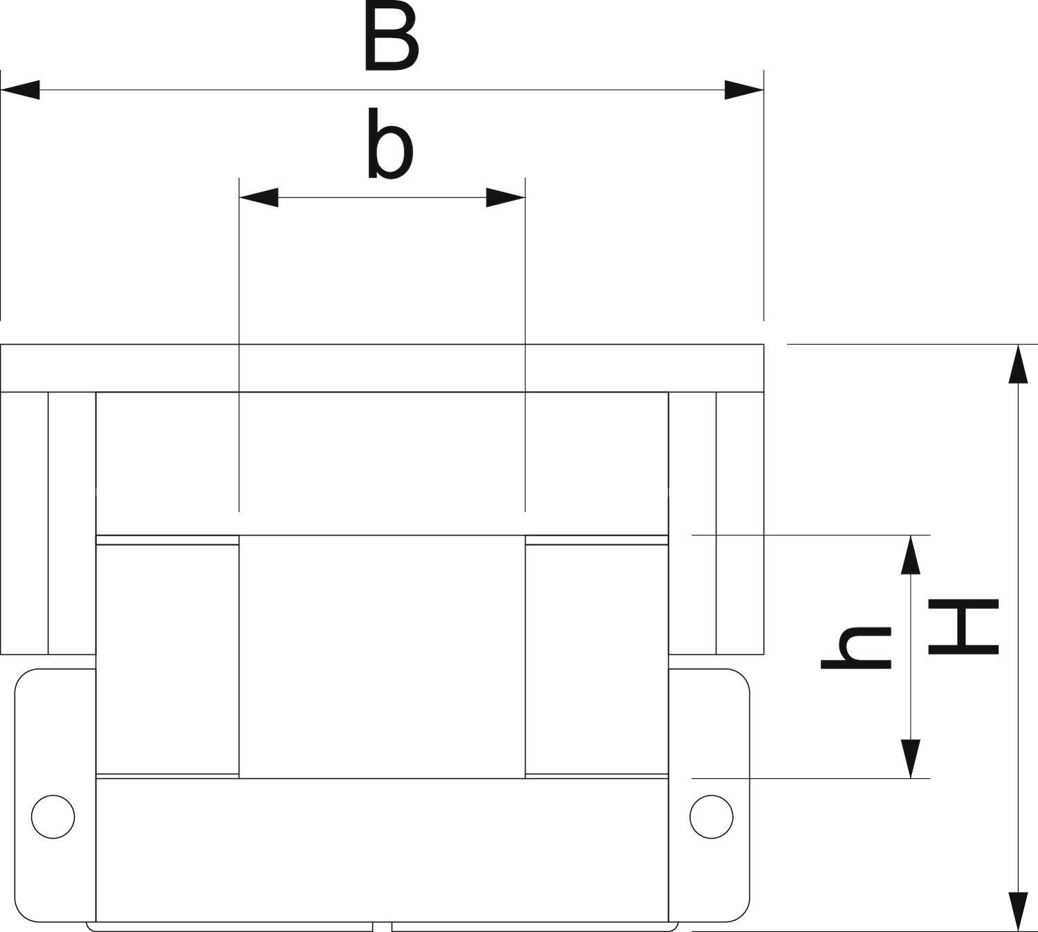 Rysunek techniczny prostokątnego elementu z wymiarami 'B', 'b', 'h', 'H', przedstawiającymi długość i wysokość różnych odcinków.