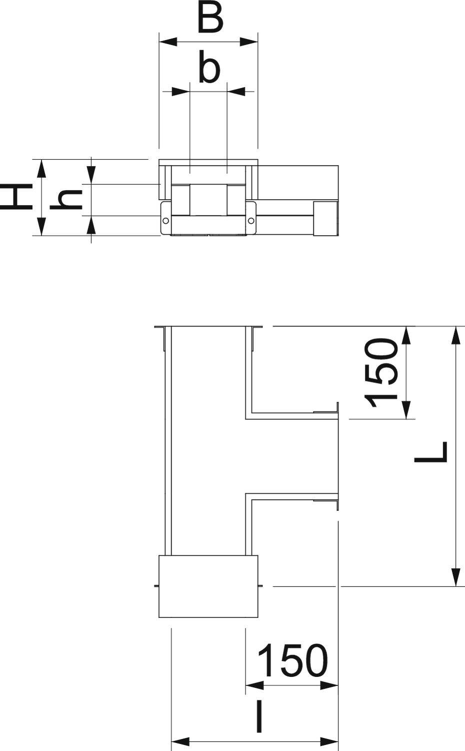 Rysunek techniczny z wymiarami. Dwa widoki trójnika, szerokość 'B', wysokość 'H', szerokość 'b', długość pionowa 'L', długość pozioma 'l', wymiary w milimetrach.