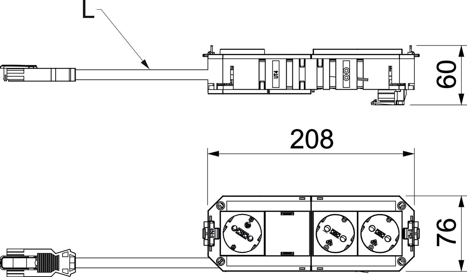 Rysunek techniczny przedstawia listwę zasilającą o wymiarach: długość 208 mm, wysokość 60 mm, szerokość 76 mm. Na górze dwa gniazda elektryczne i przewód przyłączeniowy.