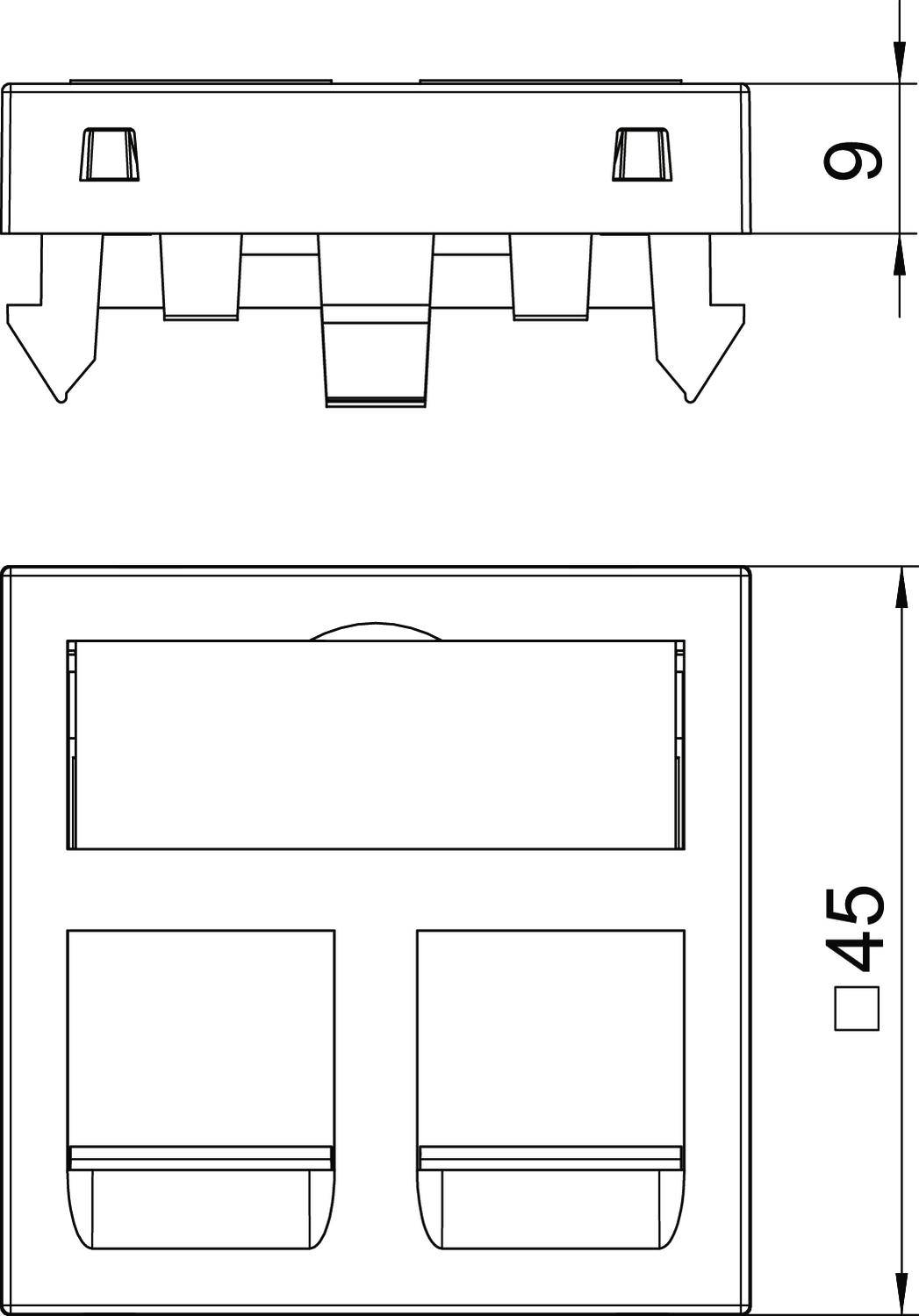 Diagram podwójnego przyłącza sieciowego w ścianie. Wymiary: 45 mm wysokości, 9 mm głębokości. Przedstawia widok z przodu z dwoma gniazdkami.