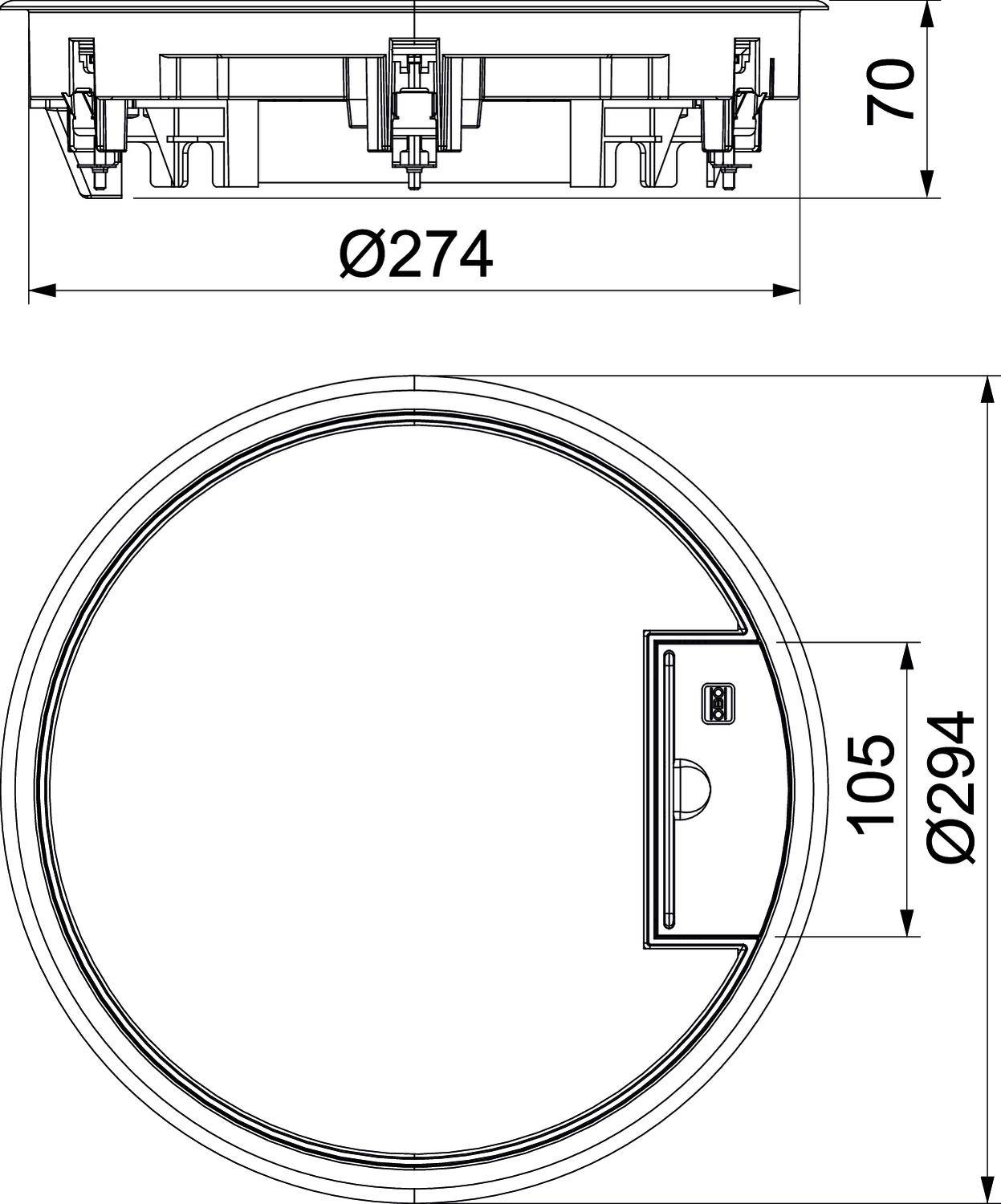 Rysunek techniczny okrągłego przedmiotu o średnicy 294 mm i głębokości 70 mm. Na górze widoczne są klipy.