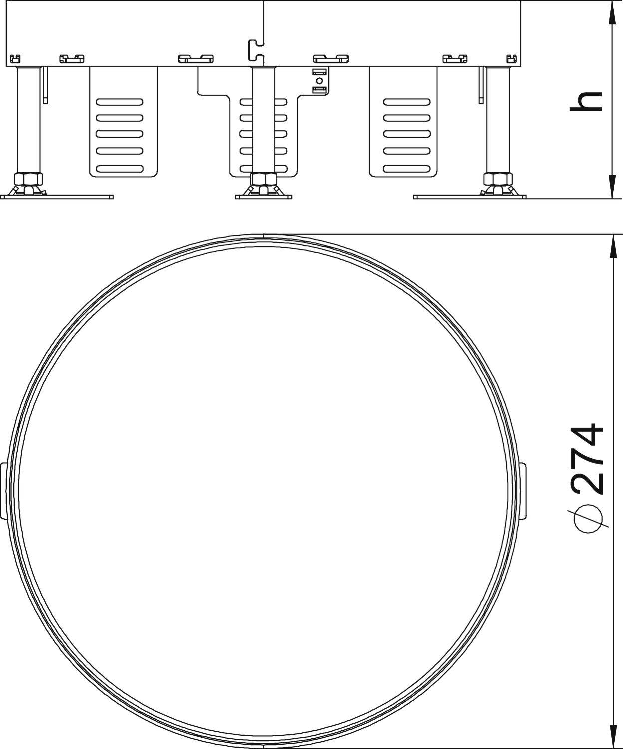 Rysunek techniczny obiektu okrągłego o średnicy 274 mm i wysokości 'h'. Widok z góry i z boku.