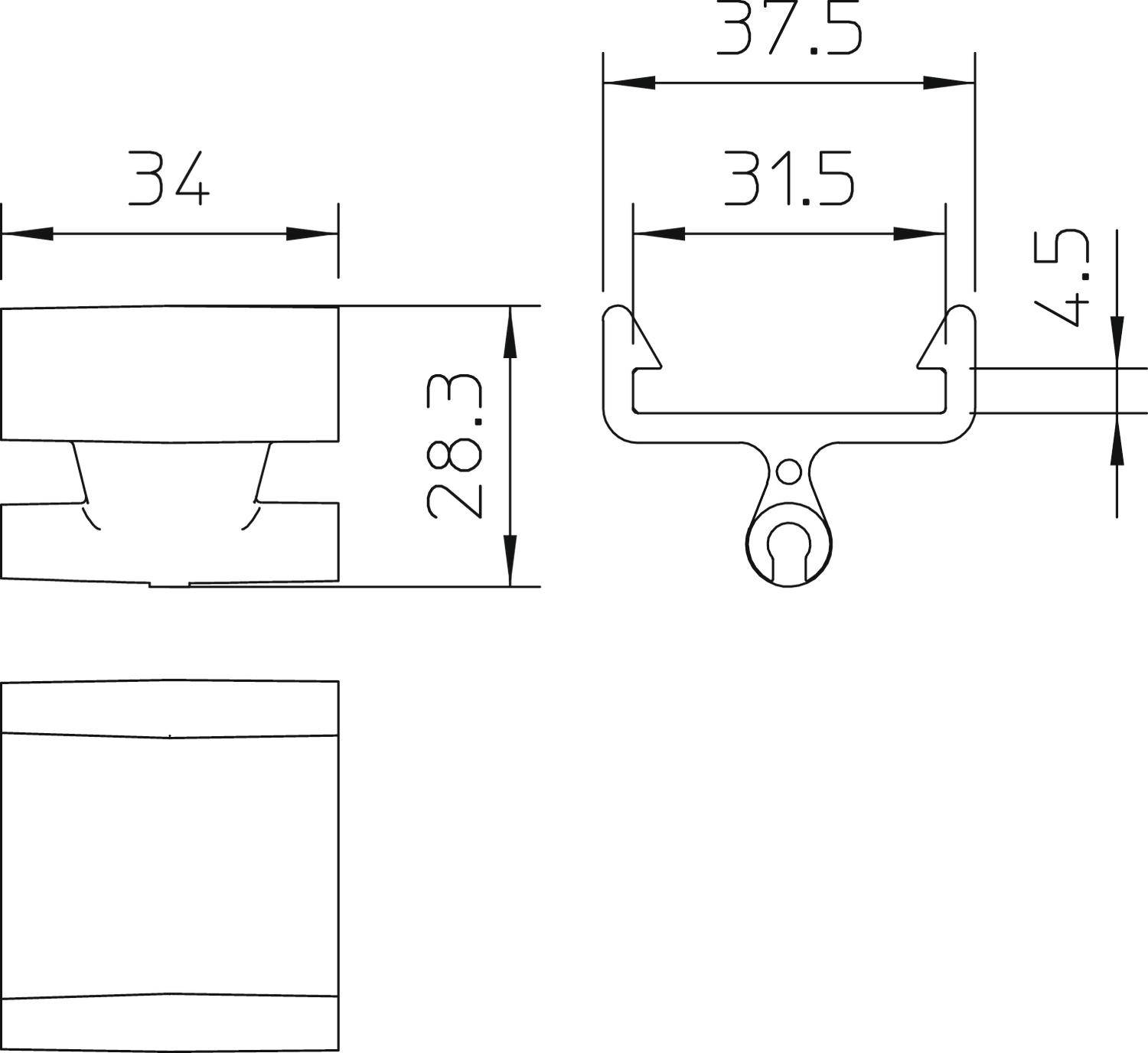 Rysunek techniczny elementu metalowego z wymiarami: widok z boku 28,3 x 34, widok z góry 37,5 x 31,5 x 4,5.