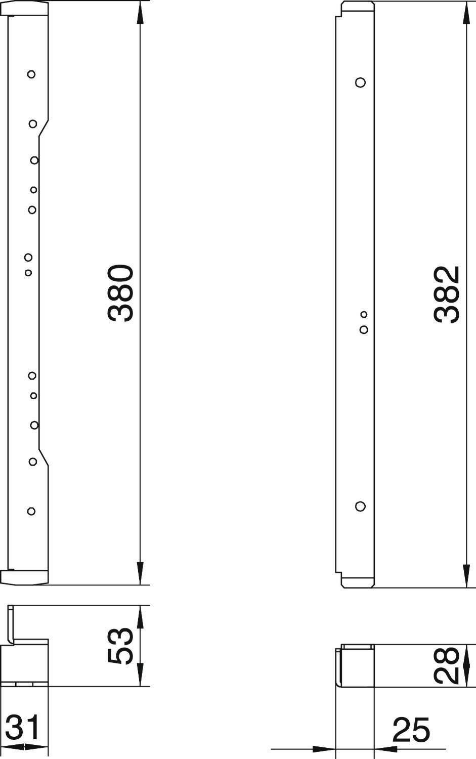 Rysunek techniczny prostokątnej części z otworami i wymiarami: długość 380 mm, szerokość 25 mm, wysokość 31 mm.