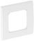 Biała, kwadratowa pokrywa z tworzywa sztucznego z centralnym wycięciem przeznaczona do montażu elektrycznych przełączników lub gniazd wtykowych.