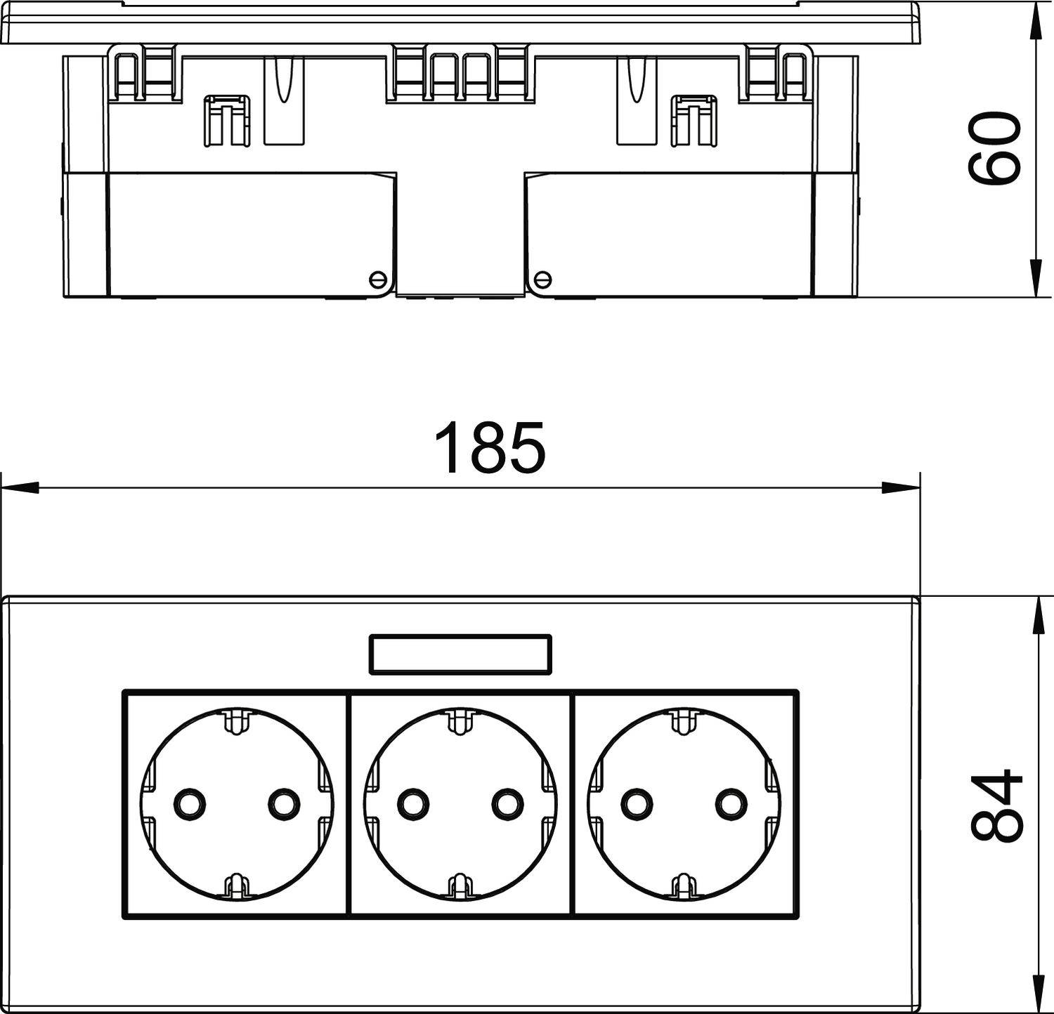 Rysunek techniczny potrójnego gniazda elektrycznego o wymiarach zewnętrznych 185 mm x 84 mm z głębokością wnęki montażowej 60 mm.