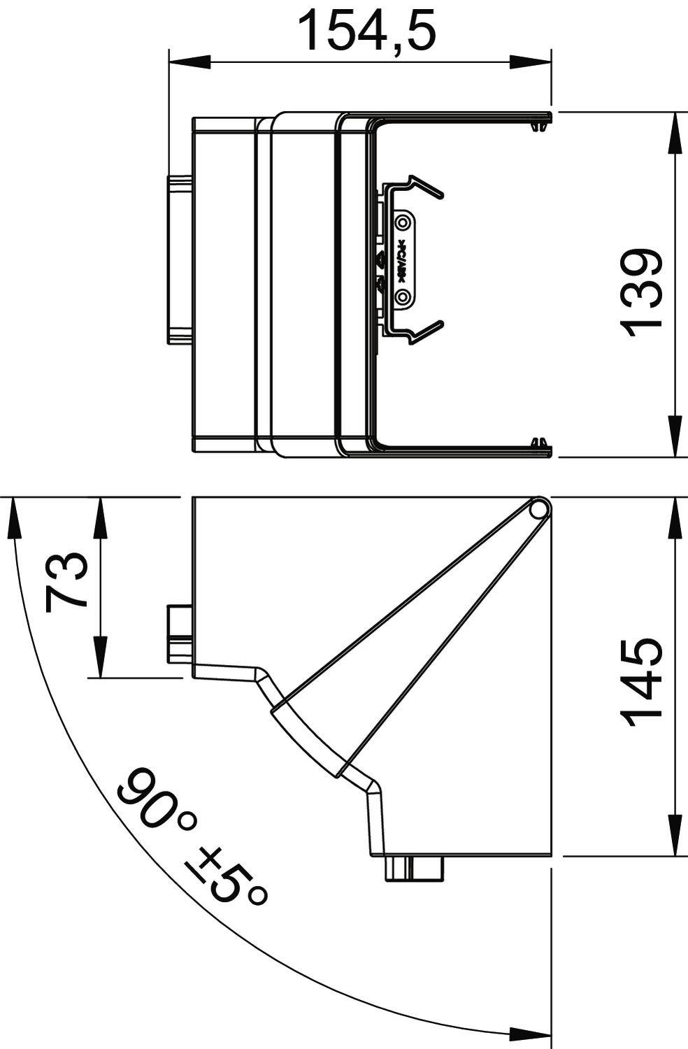 Rysunek techniczny czujnika kąta z wymiarami: szerokość 154,5 mm, wysokość 139 mm. Widok z boku przedstawia wysokość 145 mm i kąt nachylenia 90° +5°/-5°.