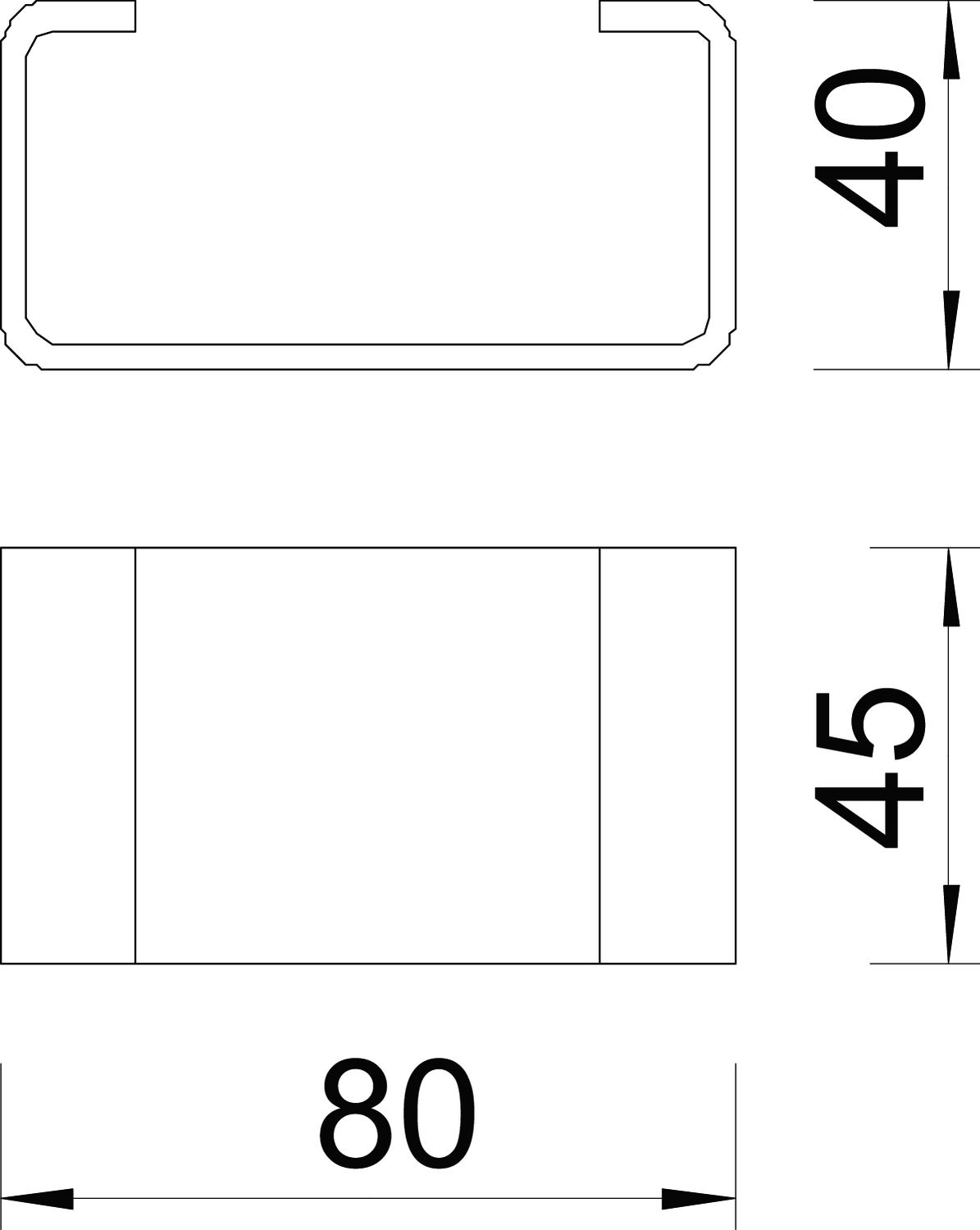 Rysunek techniczny z dwoma widokami prostokątnego obiektu; widok z boku pokazuje wymiary: 40 i 45; widok z przodu: 80.