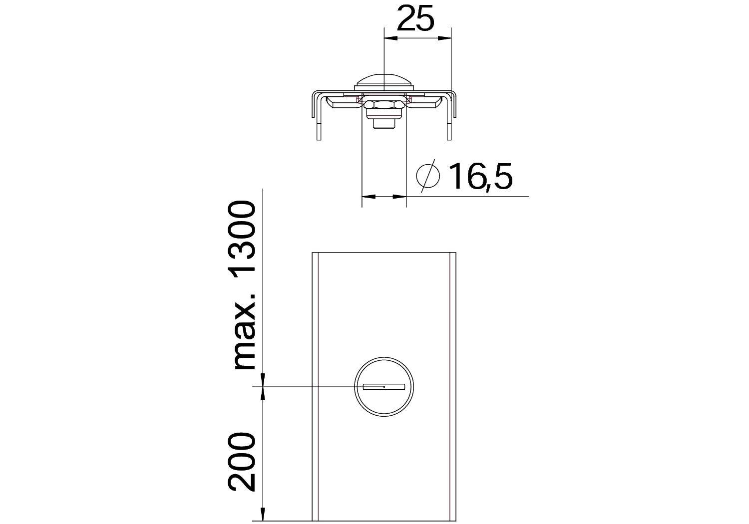 Rysunek techniczny przedstawia wymiary obiektu: szerokość 25 mm, wysokość 200 mm, maksymalnie 1300 mm; wycinek ukazuje szczegóły komponentu o kształcie koła o średnicy 16,5 mm.