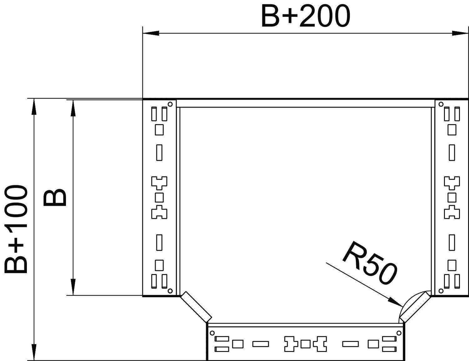 Rysunek techniczny prostokątnego kanału z wymiarami: szerokość B, wysokość B+100, szerokość u góry B+200 oraz promień R50 u dołu.