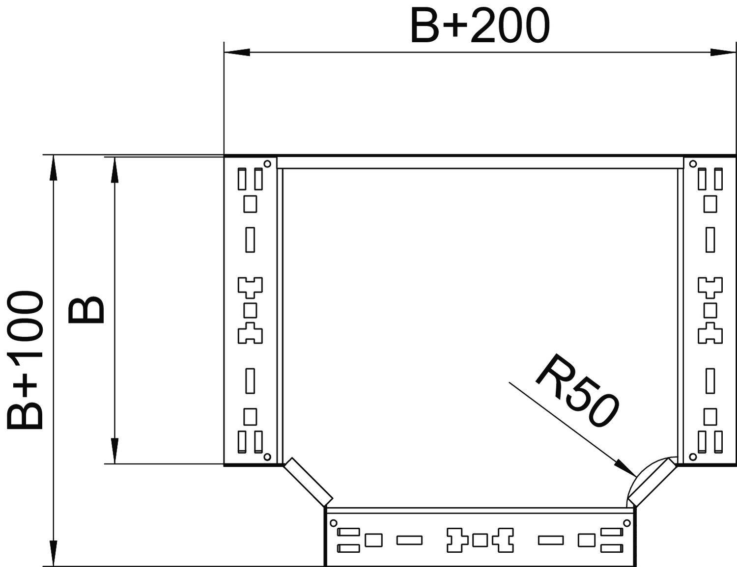 Rysunek techniczny prostokątnego obiektu z wymiarami B, B+200 oraz B+100. Rysunek przedstawia szczegóły krawędzi oraz promień R50.