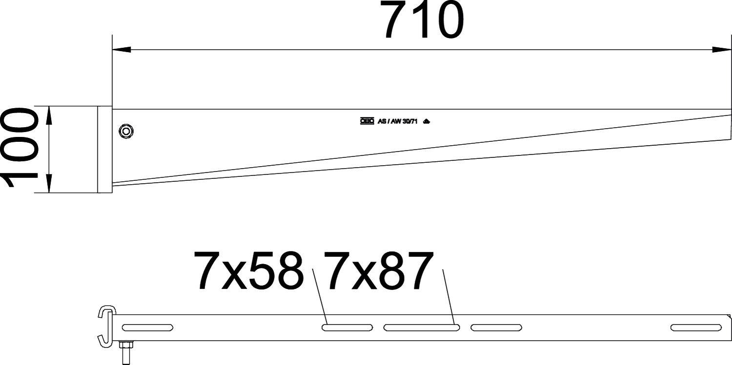 Rysunek techniczny: Wspornik kątowy z wymiarami, góra 710 mm, bok 100 mm. Otwory oznaczone jako '7x58' oraz '7x87'.