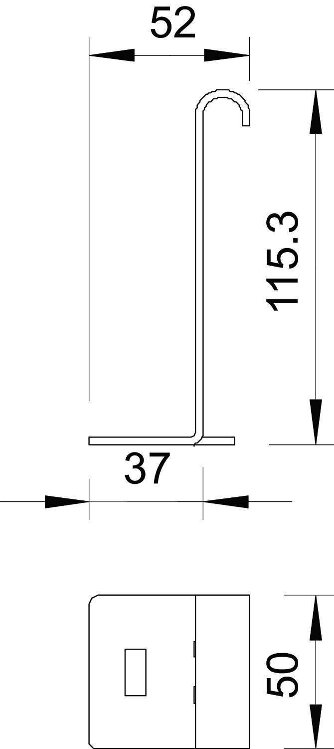 Rysunek techniczny kątowego uchwytu z wymiarami: wysokość 115,3, głębokość 37, długość 52, szerokość 50. Widok perspektywiczny z boku i z góry.