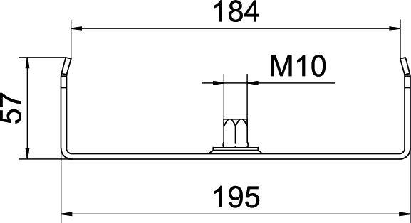 Rysunek techniczny metalowego kątownika. Wymiary: szerokość 195 mm, wysokość 57 mm, otwór przelotowy M10 w odległości 184 mm.