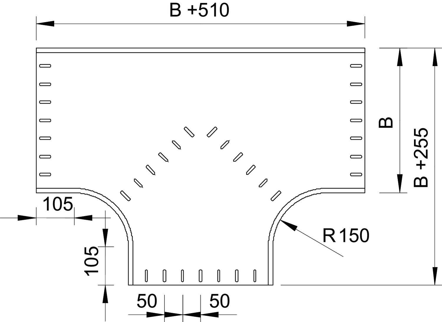 Rysunek techniczny rury z wymiarami. Szerokość u góry: B+510, Wysokość: B+255, Promień: R150. Zawiera oznaczenia i szczegóły.