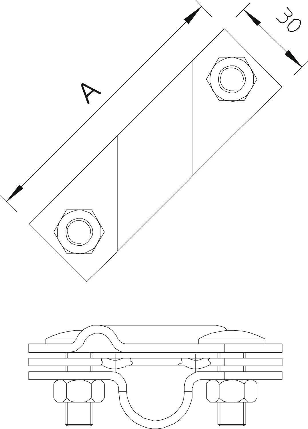 Rysunek techniczny złącza metalowego o wymiarach: długość 'A' i szerokość 30. Przedstawia widok z góry i widok z boku elementów, w tym śrub i nakrętek.