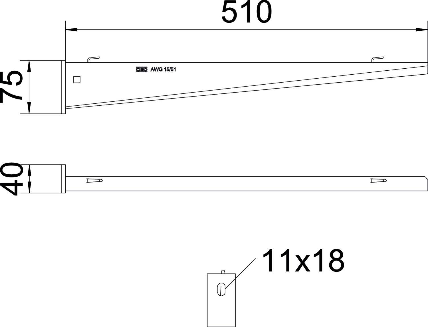 Rysunek techniczny długiego, wąskiego elementu o wymiarach 510 x 75 x 40 mm, wraz z otworem o średnicy 11 x 18 mm.