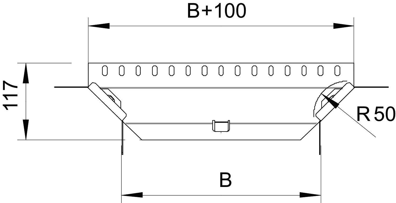 Rysunek techniczny prostokątnej konstrukcji z następującymi wymiarami: 'B + 100', 'B', wysokość '117', promień 'R 50'.