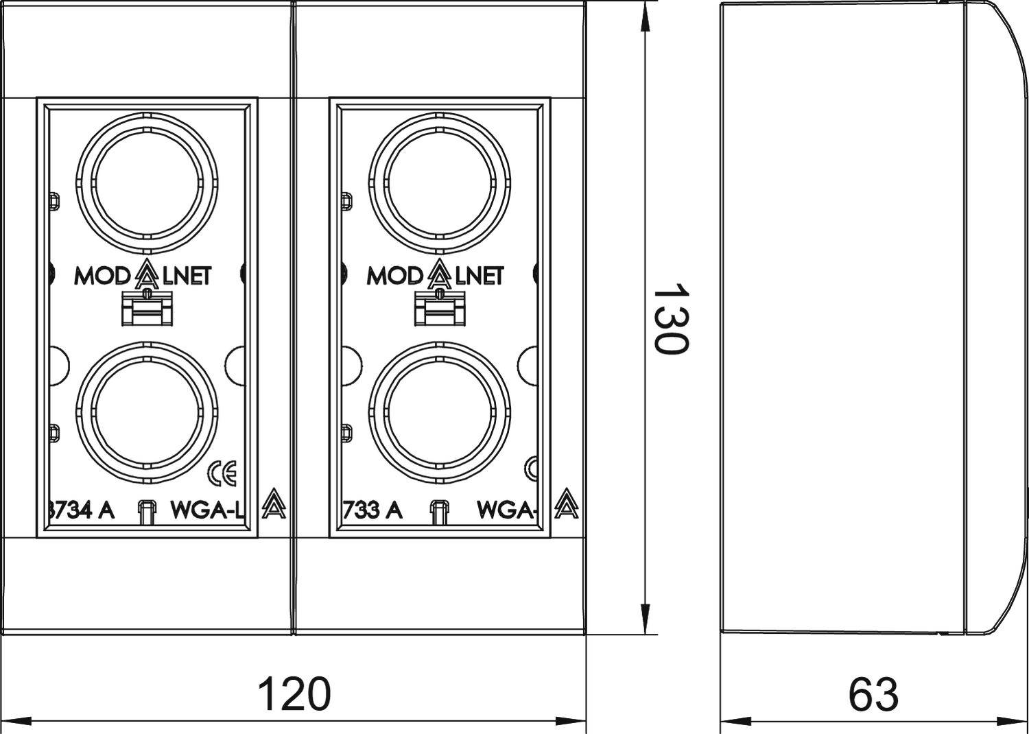 Rysunek techniczny wtyczki elektrycznej z dwoma gniazdami. Wymiary: wysokość 130 mm, szerokość 120 mm, głębokość 63 mm.