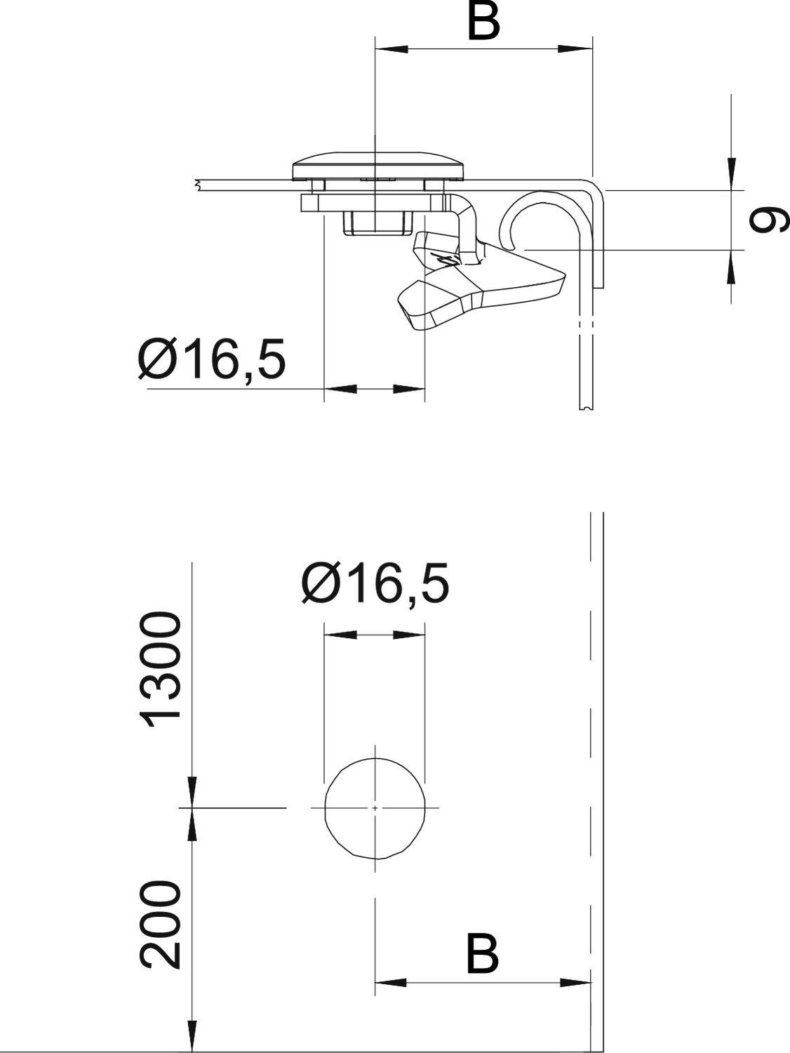 Rysunek techniczny kranu z wymiarami. Na górze widok z boku, na dole widok z przodu. Główne wymiary: średnica 16,5 mm, wysokość 1300 mm, szerokość 200 mm.