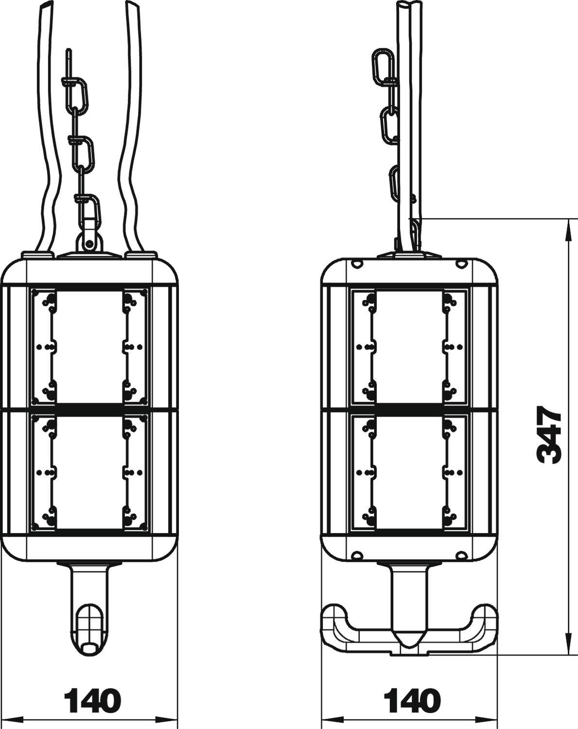 Rysunek cylindrycznego obiektu z łańcuchami, przedstawiony z przodu i z boku, o szerokości 140 mm i wysokości 347 mm.