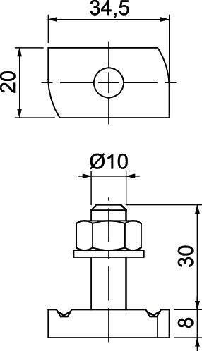 Rysunek techniczny wtyczki śrubowej z wymiarami: długość 34,5 mm, szerokość 20 mm, wysokość 30 mm, średnica otworu 10 mm.