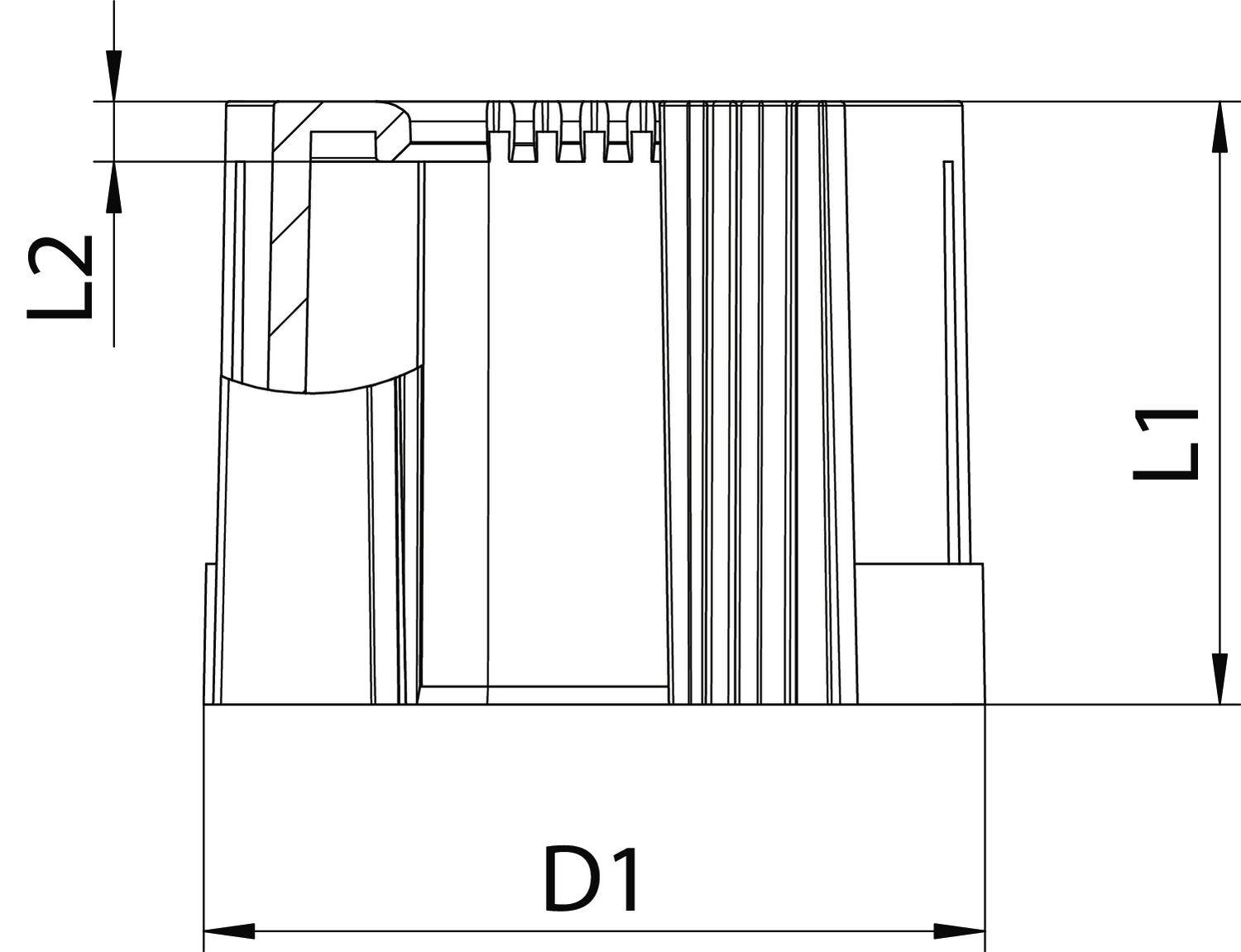 Rysunek techniczny części z zaznaczonymi wymiarami L1, L2 i D1, przedstawiający szczegółowy przekrój różnych komponentów.