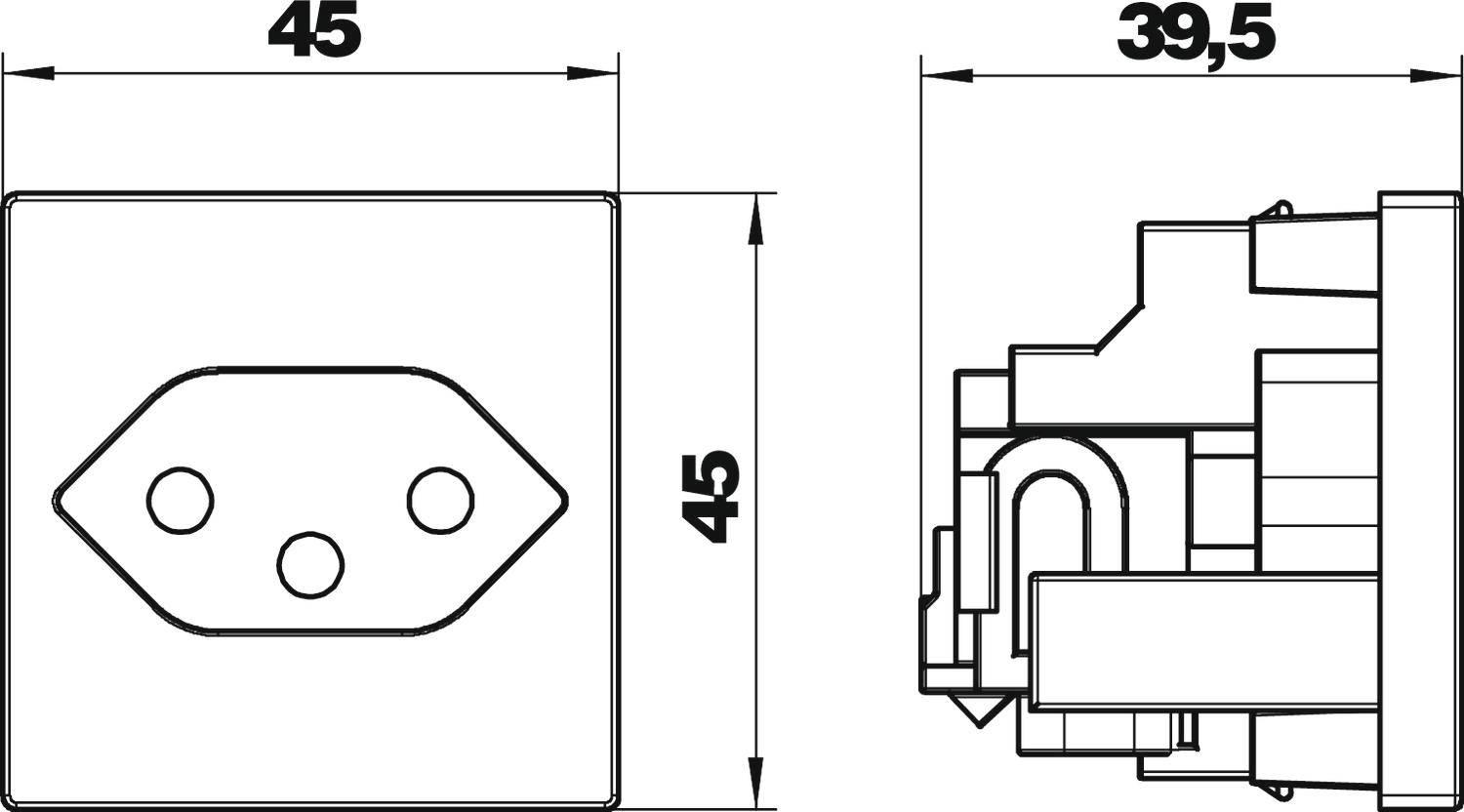 Rysunek techniczny gniazda elektrycznego z wymiarami: 45 mm szerokości, 45 mm wysokości, 39,5 mm głębokości. Przedstawia widok z przodu i z boku.